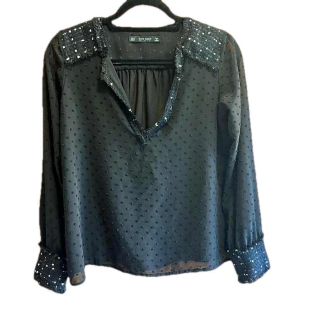 Zara Swiss Dot Sheer Sleeve Blouse XS Tweed Collar Preppy Office Chic Old Money